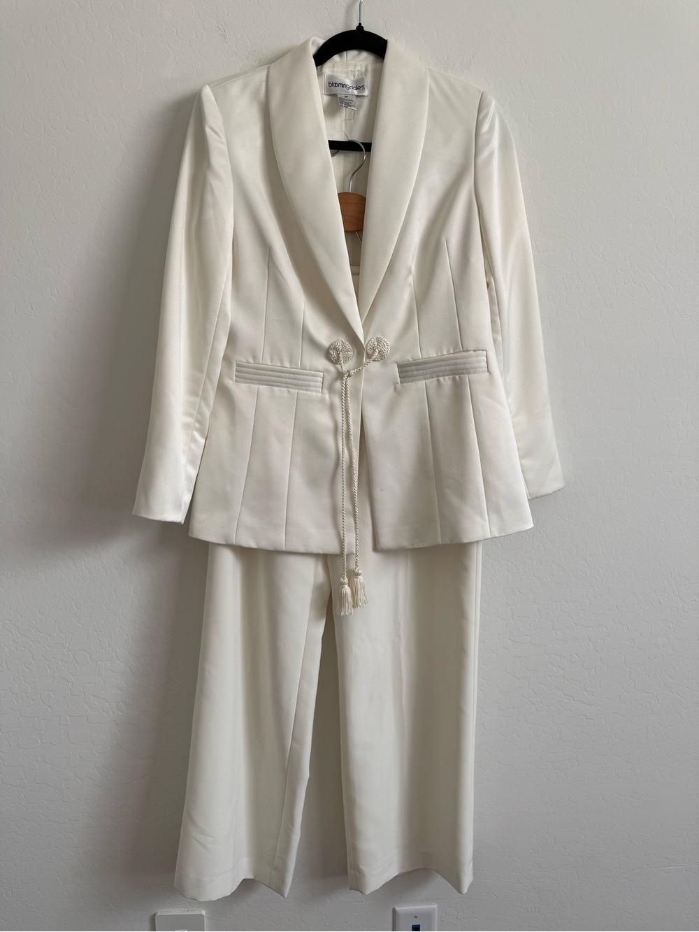 Vintage Bloomingdale’s Cream Satin Shawl Lapel Blazer & Wide Leg Pants Set 8P